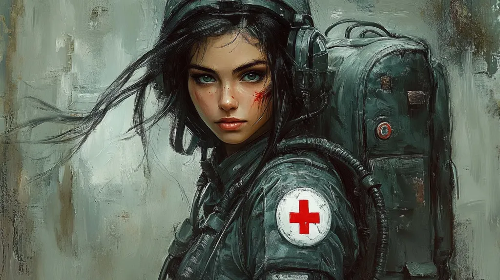 A digital painting showcases a young woman, possibly a medic, with windswept dark hair.  She wears a dark green military-style uniform with a prominent red cross insignia, indicating her medical role.  A large backpack, suggesting field equipment, is strapped to her back.  A hint of a facial injury adds a sense of grit and experience.  The overall style is painterly, with visible brushstrokes and a muted color palette, creating a somewhat melancholic yet determined mood.