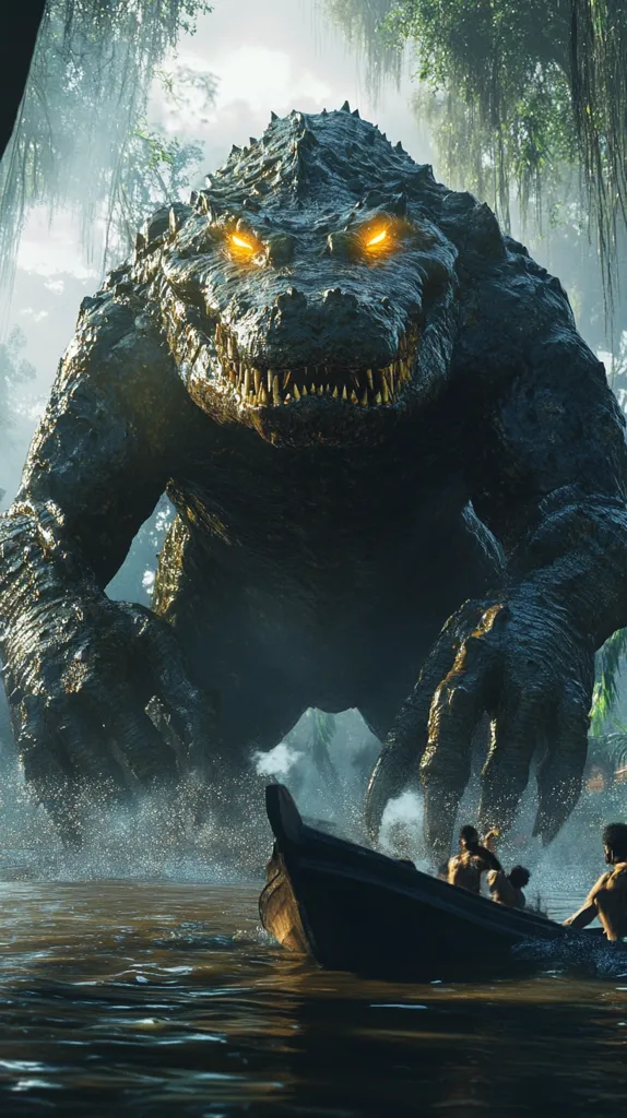 A colossal, monstrous crocodile looms over a small wooden boat carrying terrified people on a dark, jungle river.  Its massive form fills the frame, its glowing yellow eyes and sharp teeth conveying immense power and threat. The dark, swampy environment adds to the ominous atmosphere. The contrast between the tiny boat and the gigantic creature highlights the danger the people face.  The scene evokes feelings of fear and impending doom.