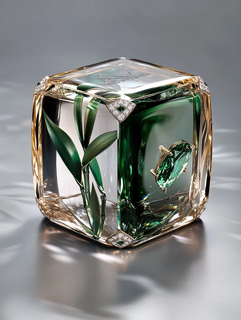 Here's a description of the image:

The photograph showcases a meticulously crafted, cube-shaped objet d'art.  Its transparent body reveals an internal scene featuring delicate bamboo shoots and a striking green gemstone, possibly an emerald, set prominently.  The cube's edges are accented with small, glittering diamonds set in what appears to be rose gold. The piece rests on a reflective surface, highlighting its intricate details and luxurious materials.  The overall aesthetic is one of sophisticated elegance and natural beauty.