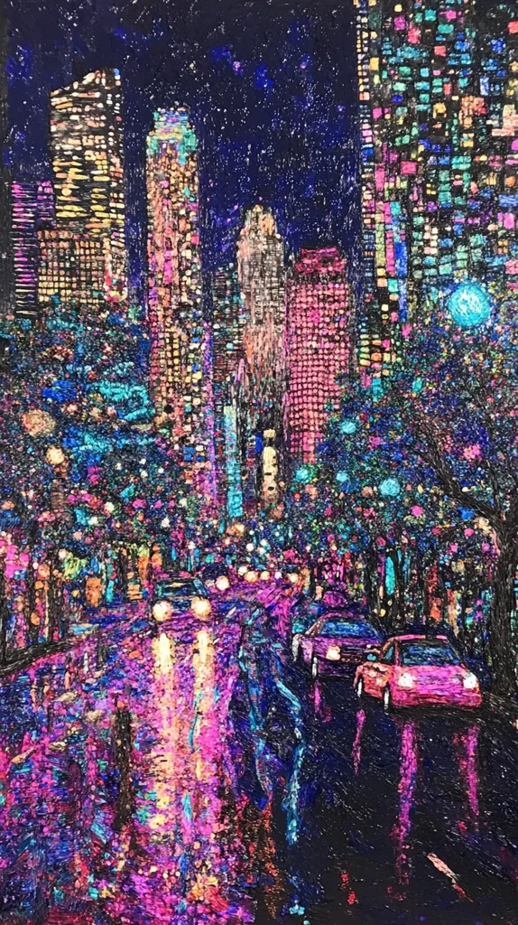 A vibrant, stylized nighttime cityscape is depicted.  Tall buildings glow with multicolored lights, their surfaces rendered in a pointillist style.  Trees line a wet street, reflecting the city's brilliance. Cars travel along the road, their forms implied rather than precisely defined. The overall effect is one of energetic movement and dazzling light, with a focus on texture and color. The dark night sky provides a rich contrast to the illuminated city.