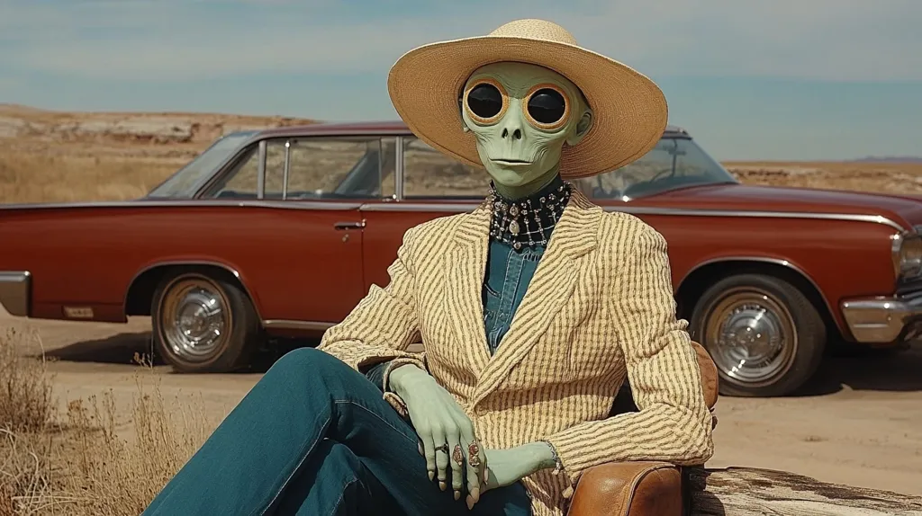 Here is a description of the image:

An alien-like figure with pale green skin sits in a vintage, rust-colored car. They're wearing a straw hat, large round sunglasses, a pinstriped yellow blazer, dark blue jeans, and statement jewelry. The setting appears to be a desert landscape, with dry scrubland visible in the background. The overall aesthetic is a blend of retro and sci-fi, creating a surreal and stylish scene. The car seems to be parked on a sandy road. The figure's pose is relaxed, with their hands resting on their lap.  The image has a muted, slightly vintage color palette.