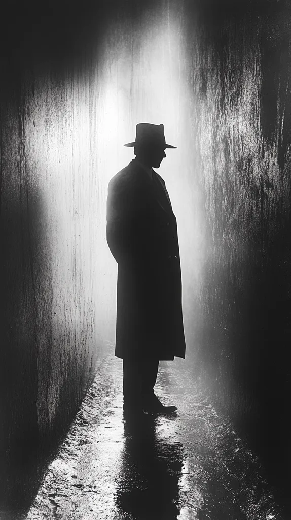 Here's a description of the image:

The black and white photograph captures a solitary figure, a man in a long coat and fedora hat, standing in a dimly lit alleyway.  The light source emanates from the end of the alley, creating a dramatic silhouette against the rough textured walls.  The ground appears wet, reflecting the man's shadowy form. The overall mood is mysterious and evocative of film noir. The contrast between light and shadow emphasizes the man's isolation and the clandestine nature of the setting.