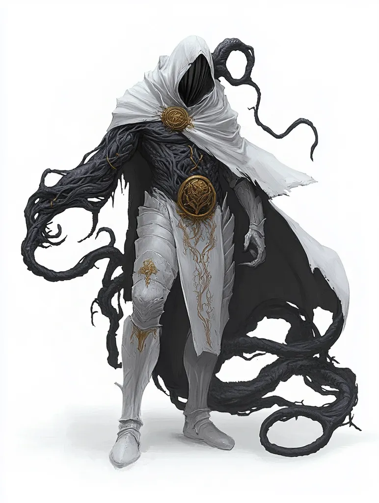 The image depicts a fantasy figure, possibly a dark knight or sorcerer.  Clad in flowing white robes adorned with gold detailing, the figure's body is partially obscured by dark, vine-like tendrils that seem to be a part of its anatomy.  The hooded figure's face is unseen, adding to an aura of mystery and power.  The overall style suggests a blend of fantasy and dark fantasy aesthetics, creating a visually striking and enigmatic character design.