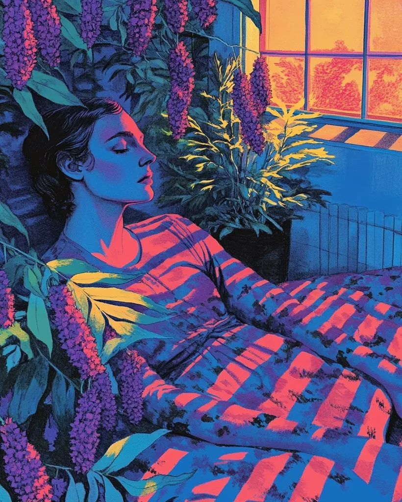 Here's a description of the image:

The artwork is a vibrant, stylized portrait of a woman reclining, seemingly asleep or resting, amidst lush, purple flowering plants.  The color palette is intensely saturated, utilizing contrasting blues, purples, and reds, creating a surreal, almost psychedelic atmosphere.  Sunlight, depicted in warm oranges and yellows, streams in through a window behind her, illuminating the scene. The woman wears a horizontally striped garment, echoing the lines of the plants and light. The overall style is reminiscent of graphic novels or printmaking, with bold lines and distinct areas of color. The image evokes a sense of tranquility and dreamlike escape.
