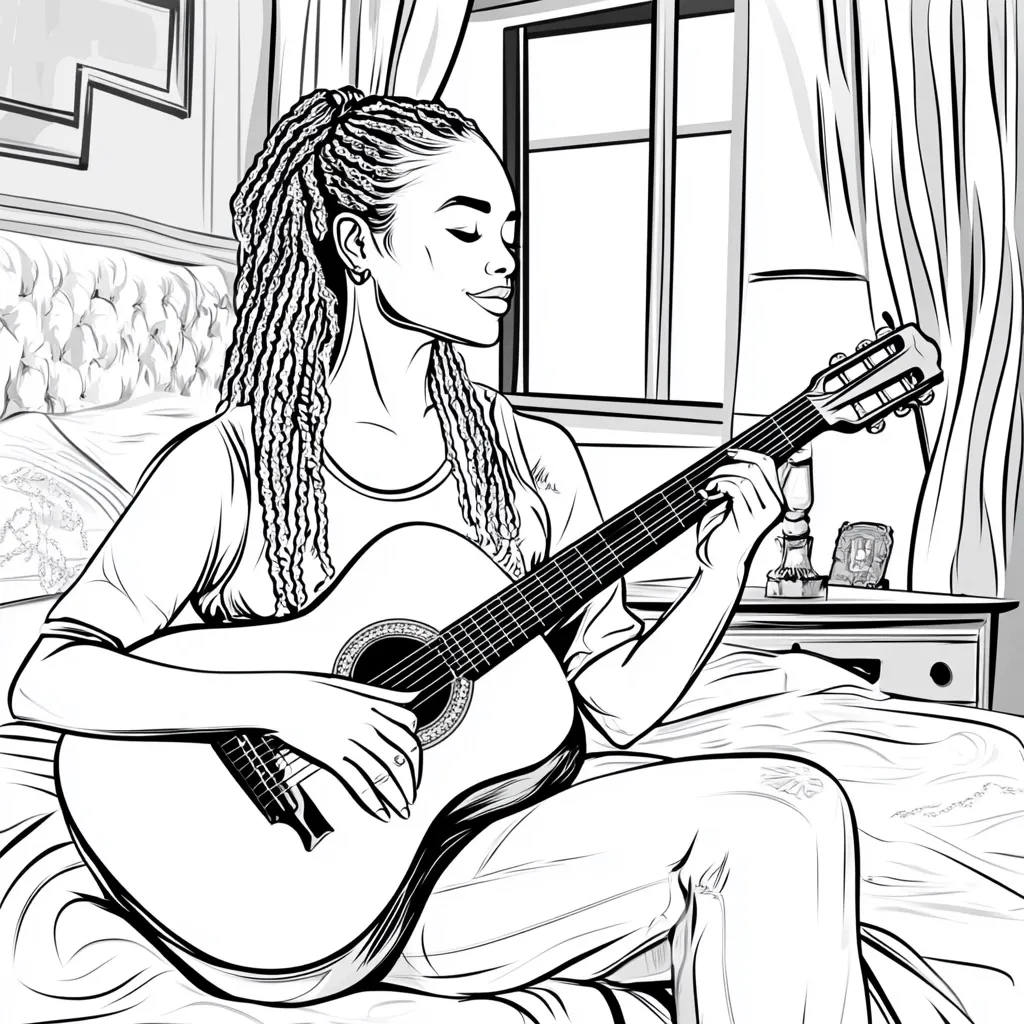 Here's a description of the image:

The black and white illustration depicts a young woman with long, braided hair sitting on a bed, playing a classical guitar.  She's dressed in a simple t-shirt and loose-fitting pants, her eyes closed in concentration as her fingers delicately fret the strings. The setting is a bedroom, with a window and a nightstand visible in the background. The style is reminiscent of a graphic novel or comic book art, with bold lines and shading creating a sense of depth and texture.  The overall mood is peaceful and serene.