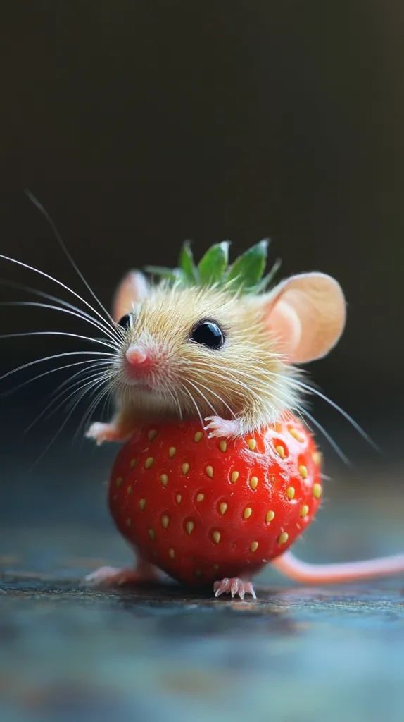 Here's a description of the image:

Close-up view of an adorable, light-brown mouse perched atop a ripe, red strawberry. The mouse's large, dark eyes and tiny paws are clearly visible.  Its whiskers extend outward, adding to its charm. The strawberry is slightly out of focus behind the mouse, emphasizing the animal's cuteness.  The background is dark and blurred, creating a bokeh effect that centers the attention on the mouse and strawberry. The overall image is a study in contrasts—the small, delicate mouse against the larger, vibrant strawberry.
