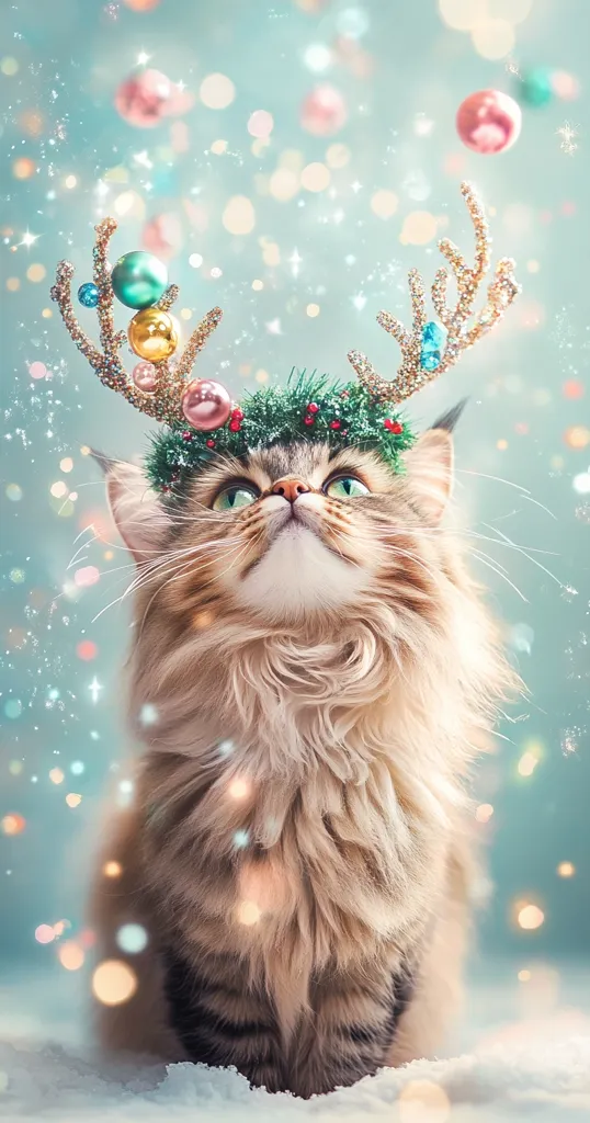 Here's a description of the image:

A fluffy, long-haired cat, possibly a Maine Coon, is the centerpiece of a whimsical Christmas scene.  It wears a festive reindeer antler headband adorned with miniature Christmas baubles and a small evergreen wreath.  The cat gazes upward with a serene expression, surrounded by a bokeh effect of pastel-colored lights and falling snow, creating a magical, wintery ambiance. The overall tone is light, airy, and charming, perfect for a holiday greeting card or calendar.