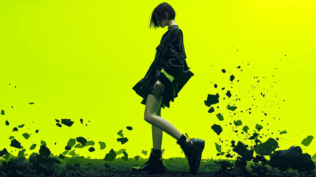 Here's a description of the image:

The image is a striking fashion shot set against a vibrant lime green background. A young woman with short dark hair is the focal point, her silhouette sharply defined against the bright backdrop. She's wearing a dark, structured mini-dress and chunky black boots, exuding a futuristic, edgy style.  Dark, fragmented shapes resembling rocks or debris appear to be exploding around her, creating a dynamic and somewhat surreal effect.  The overall mood is bold and modern, suggestive of movement and power.