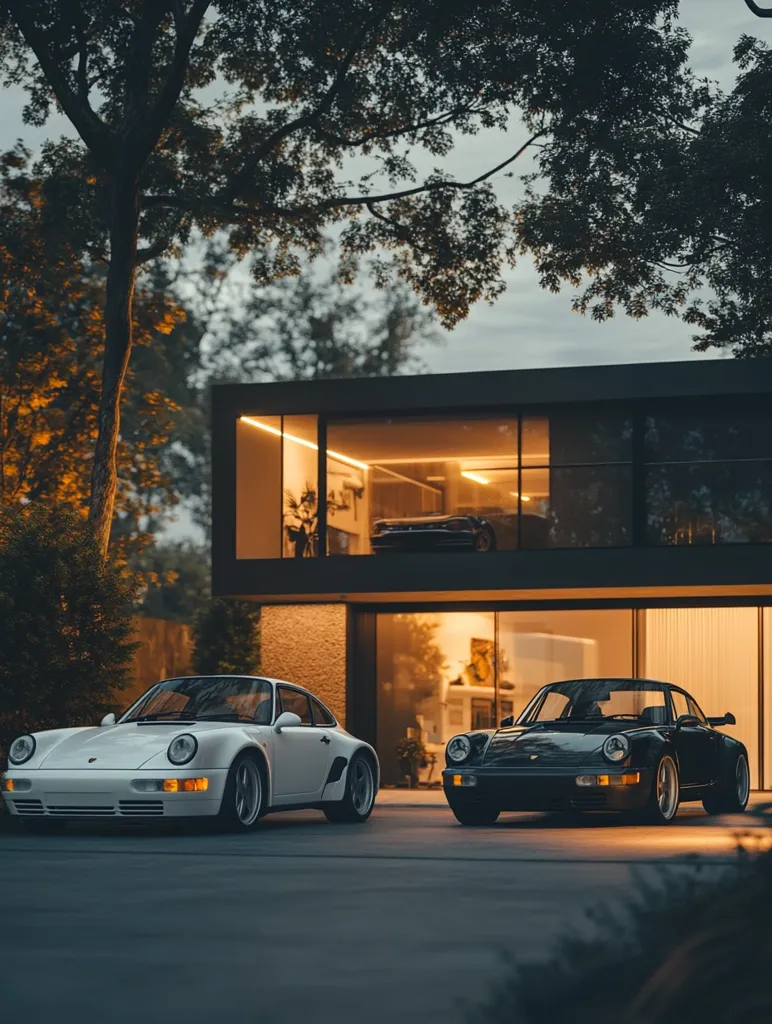 Here's a description of the image:

The image showcases a modern, minimalist house with large glass windows illuminating a warmly lit interior.  Two classic Porsche 911s, one white and one black, are parked neatly in front.  The scene is set at dusk, with large trees partially obscuring the sky.  The overall atmosphere is one of sophisticated luxury and tranquility. The cars appear to be meticulously maintained, enhancing the sense of wealth and refined taste. The contrast between the dark exterior of the house and the warm interior light is striking.