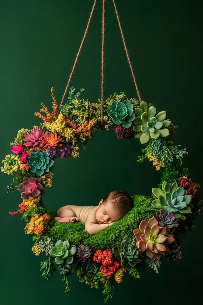 A newborn baby peacefully sleeps nestled in a bed of moss, cradled within a vibrant, circular arrangement of succulents and colorful flowers.  The floral wreath is suspended from a simple rope hanger against a deep green backdrop. The image evokes a feeling of serenity and natural beauty, showcasing the delicate innocence of the infant. The colors are rich and varied, creating a striking contrast with the dark background.