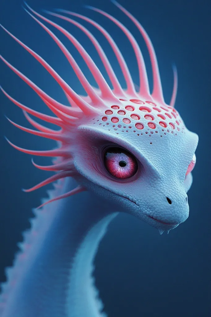 Here's a description of the image:

Close-up view of a digitally rendered creature, possibly a dragon or fantastical reptile.  It has a pale blue-white skin, accented with vibrant pink spines radiating from its head.  Its head is adorned with a pattern of small, regularly spaced pink circles. The creature's eyes are a striking crimson red, and its expression is somewhat serious or watchful. The background is a deep, dark blue, providing a stark contrast to the creature's light coloring. The overall style is highly detailed and realistic, suggesting a digital painting or 3D model.