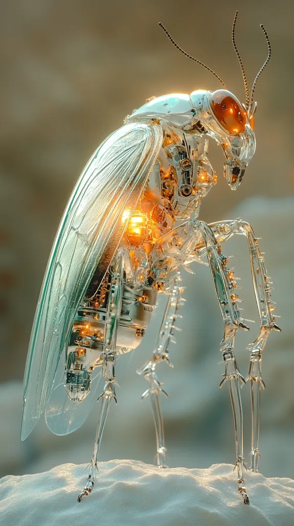 Here's a description of the image:

The image showcases a meticulously crafted, biomechanical insect. Its body is transparent, revealing an intricate network of gears and glowing, golden internal mechanisms.  The insect's legs are slender and spiky, ending in sharp points. Its wings are delicate and translucent, mirroring the overall ethereal quality. The head features amber-colored eyes, adding a touch of warmth to the otherwise metallic aesthetic. The insect stands poised on a textured, off-white surface, with soft, ambient lighting enhancing its delicate details.  The overall effect is one of futuristic elegance and organic precision.