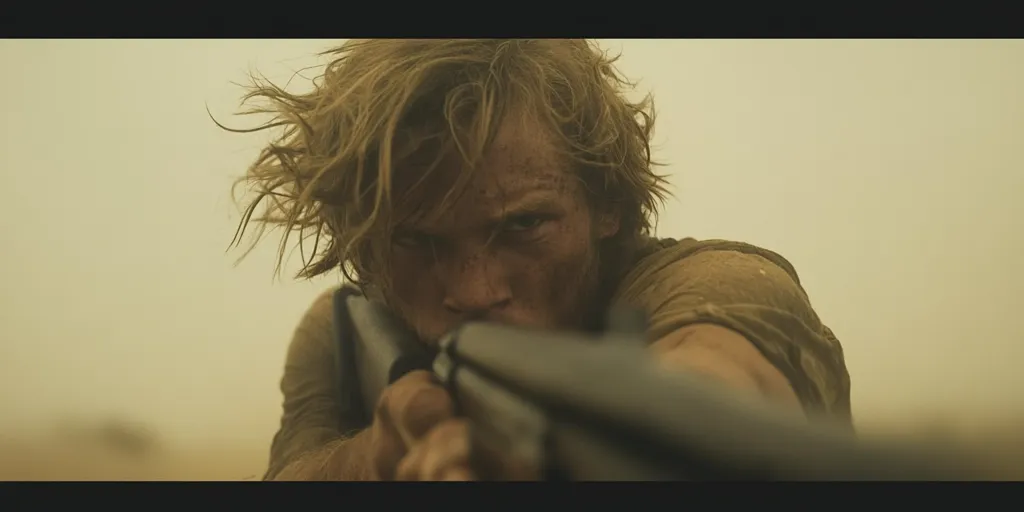 Here is a description of the image:

Close-up view of a young man with windblown, light brown hair, his face partially obscured by the barrel of a shotgun he's aiming.  He appears dirty and weathered, suggesting a harsh environment. His expression is intense and focused. The background is blurry and hazy, with a muted, dusty beige tone indicating a desert or arid landscape. The overall mood is tense and dramatic, possibly a still from an action or war film.