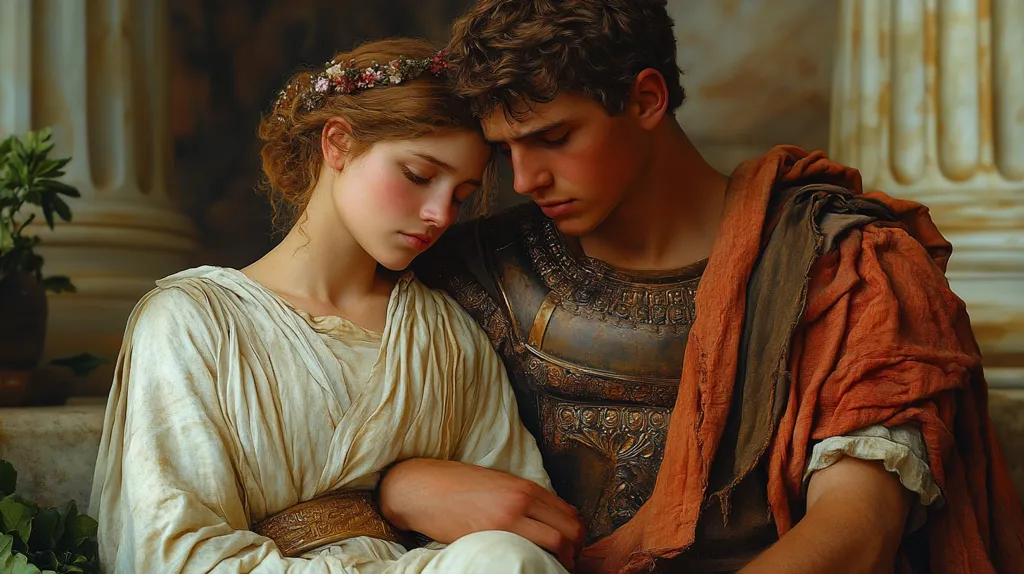 A young couple, dressed in classical attire, embraces intimately.  The woman, adorned with a floral crown, wears a flowing, light-beige gown. Her companion, a man in bronze armor draped with an orange cloak, rests his arm protectively around her.  Their heads are gently touching, eyes closed, conveying a sense of peace and devotion.  The background suggests a classical setting, perhaps a Roman temple or ruin, enhancing the timeless quality of the image.  The overall mood is one of serene affection and romantic intimacy.