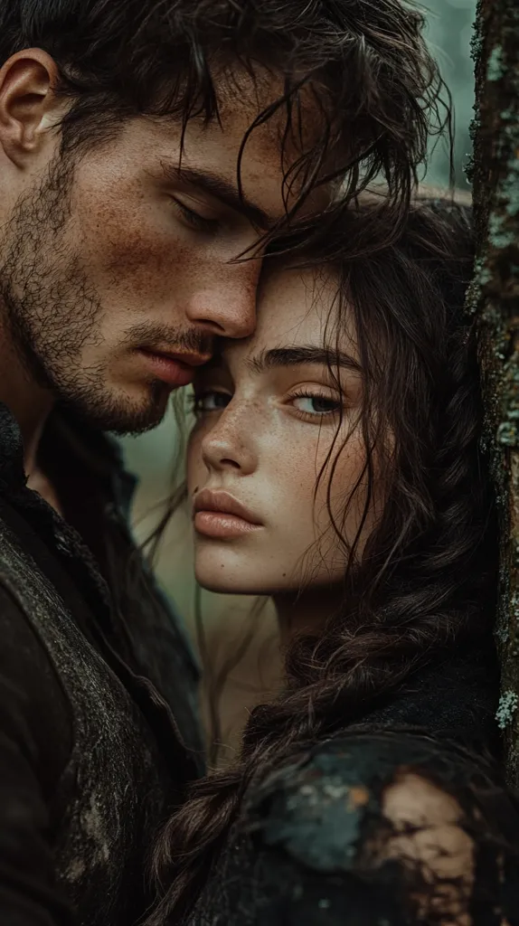 Here's a description of the image:

Close-up view of a young couple embracing intimately. The man, with dark, tousled hair and a stubbled beard, rests his forehead gently against the woman's. She has long, dark, wavy hair, and her eyes are directly facing the viewer. Both have fair skin; the woman's face is adorned with freckles. Their expressions are serene and loving, suggesting a deep connection. The background is blurred but shows a dark, possibly wooded, environment. The overall mood is romantic and somewhat mysterious, with a dark, moody aesthetic. The clothing suggests a rustic or historical setting.