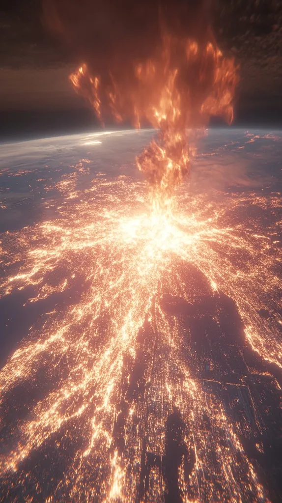 Here's a description of the image:

The image depicts a dramatic, possibly apocalyptic, scene viewed from space. A massive, fiery plume erupts from the Earth's surface, resembling a colossal volcanic eruption or a catastrophic impact.  The fiery column ascends into a dark sky, casting an orange glow across a vast area below.  The Earth's surface is illuminated with a network of glowing points, suggesting a sprawling city at night, now engulfed or threatened by the fiery event. The overall atmosphere is one of intense heat and destruction.