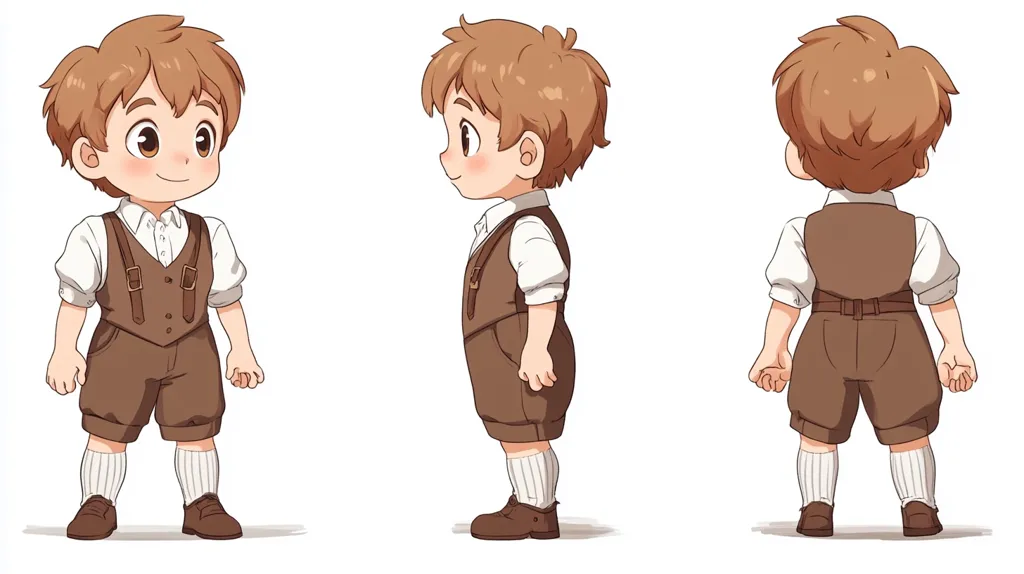 Here's a description of the image:

The image shows a cartoon rendering of a young boy from three different angles: front, side, and back. He has light brown hair, large eyes, and rosy cheeks.  He's dressed in a light-colored shirt and brown knickers or shorts, paired with a brown vest and suspenders. His socks are white, and he wears dark brown shoes. The style is reminiscent of anime or manga, with exaggerated features and a chibi-like proportion. The background is plain white, focusing attention entirely on the character model.