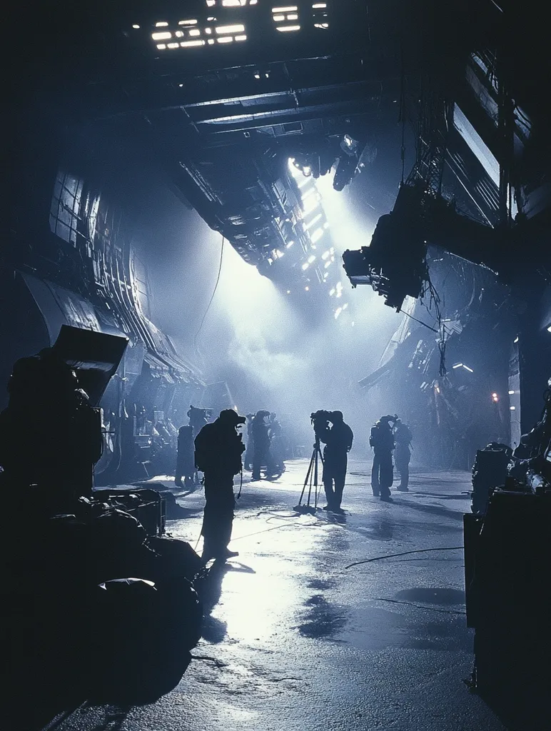 Here's a description of the image:

The photograph depicts a film crew working in a dramatic, dimly lit setting. The background is a large, imposing industrial structure, possibly a film set, with metallic textures and fragmented architecture suggesting a post-apocalyptic or futuristic environment.  The crew members are silhouetted, their figures small against the vastness of the backdrop. They are focused on their work, operating cameras and equipment. A bright light source illuminates the center, drawing attention to the crew and creating a stark contrast with the surrounding darkness. The overall mood is somber, mysterious, and dramatic.