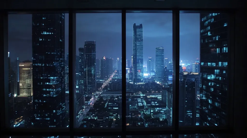 A large window offers a breathtaking nighttime view of a sprawling metropolis.  Tall, dark skyscrapers pierce the twilight sky, their windows glowing faintly with internal lights.  City streets, appearing as illuminated ribbons, wind between the buildings.  The overall scene is one of urban density and quiet nocturnal energy, captured from a high vantage point, likely within another skyscraper. The cool blue tones of the night sky enhance the dramatic effect.