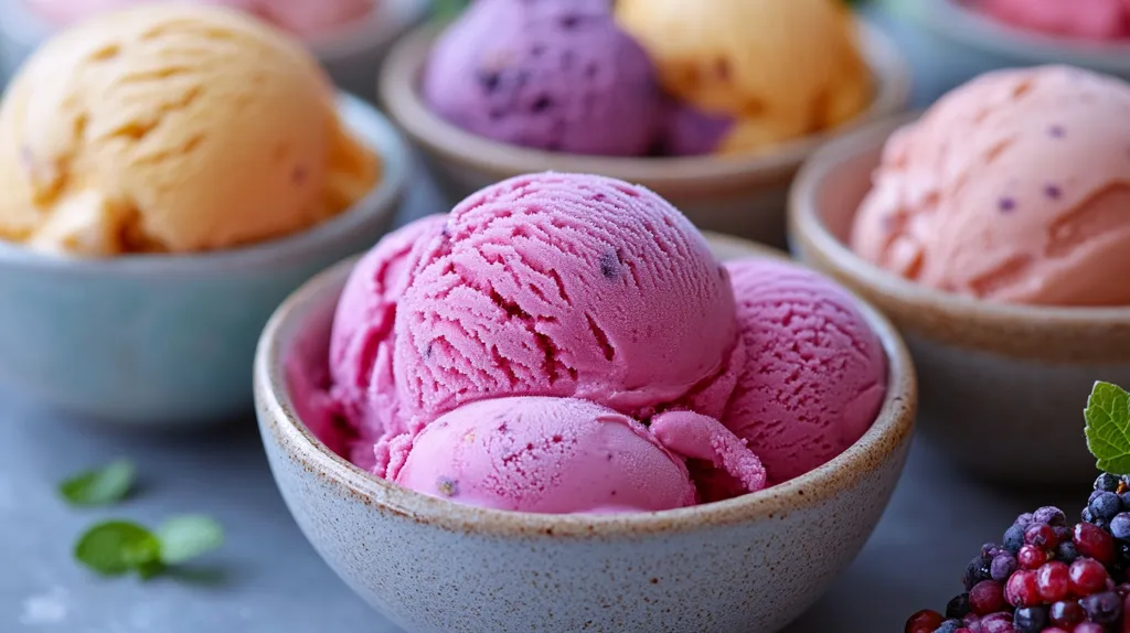 Close-up view of several small bowls filled with different flavored ice creams.  The central bowl prominently features scoops of vibrant pink ice cream, possibly berry flavored.  Surrounding bowls showcase pale orange and purple ice cream, suggesting a variety of fruity options.  The bowls are light-colored and slightly rustic. Fresh mint leaves and a cluster of dark berries are visible in the foreground, hinting at the natural ingredients used.  The overall scene is inviting and appetizing.