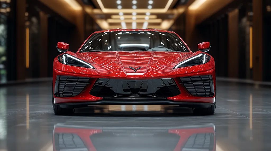 A vibrant red Chevrolet Corvette C8 is the focal point of the image, parked on a polished floor in a modern, dimly lit showroom.  The car's sleek lines and reflective paint are accentuated by the surrounding architecture.  The showroom's background is blurred, drawing attention to the car's front and its prominent emblem. The reflection of the Corvette on the floor mirrors the car's beauty and adds depth to the composition.