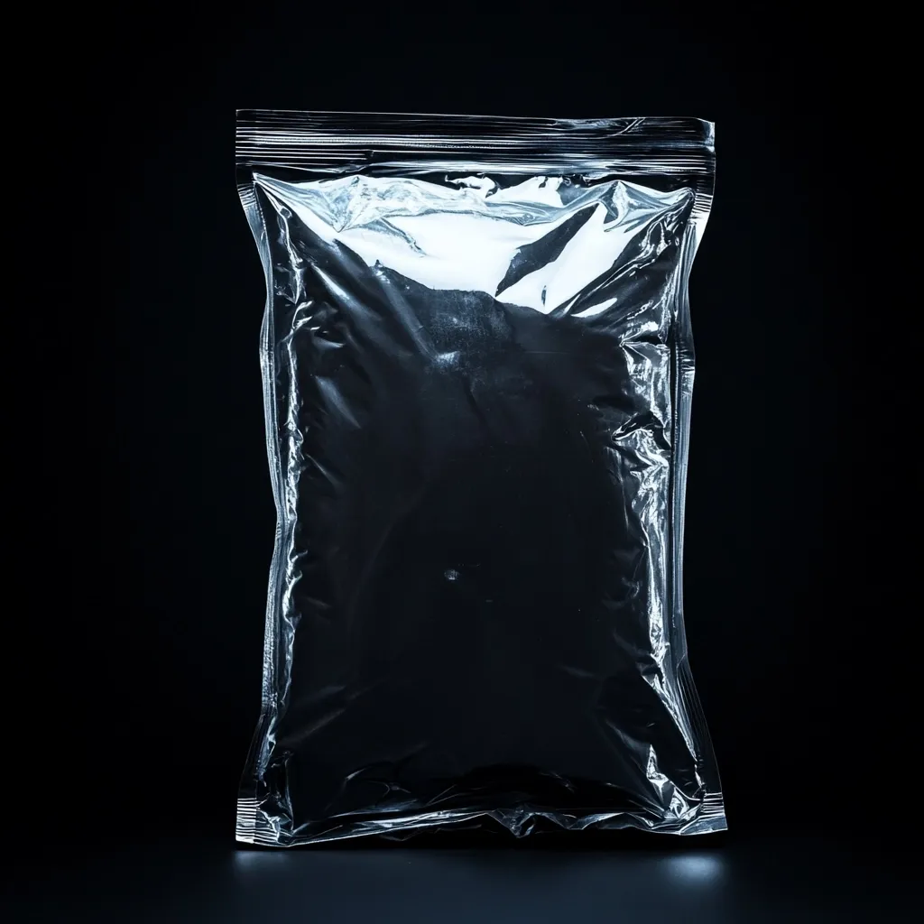 Here is a description of the image:

The image shows a clear plastic pouch, standing upright against a stark black background.  The pouch is sealed at the top and appears to contain a dark, possibly powdered, substance.  The plastic is slightly crinkled, showing its texture. The lighting highlights the plastic's transparency, creating a slight glow, while the contents remain obscured by darkness. The overall impression is one of minimalist product packaging.