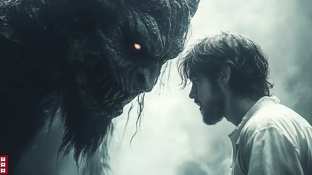 The image shows a dramatic confrontation between a man and a monstrous creature. The creature is dark, imposing, and its glowing red eye is visible. Its features are grotesque and unsettling. The man, in contrast, appears small and vulnerable, dressed in simple, light-colored clothing. The scene is misty and atmospheric, enhancing the tension and suspense.  The composition centers on the face-to-face encounter, highlighting the power imbalance and looming threat.