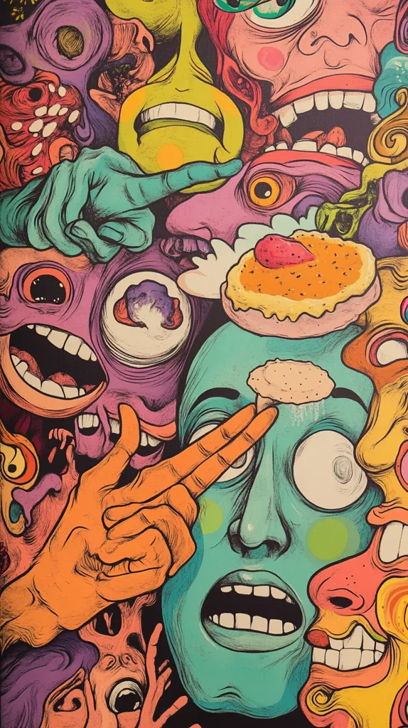 Here's a description of the image:

The image is a vibrant, psychedelic artwork teeming with grotesque, cartoonish faces and figures.  A chaotic jumble of colors, predominantly teal, orange, purple, and yellow, dominates the piece.  Many of the faces display exaggerated features like wide eyes, gaping mouths, and distorted expressions.  Hands reach out from the mass, pointing and gesturing amidst the surreal landscape.  A pastry-like object sits atop a central, large-eyed face, adding to the dreamlike, almost nightmarish, quality of the composition.  The style is reminiscent of a graphic novel or street art, emphasizing bold lines and saturated hues.