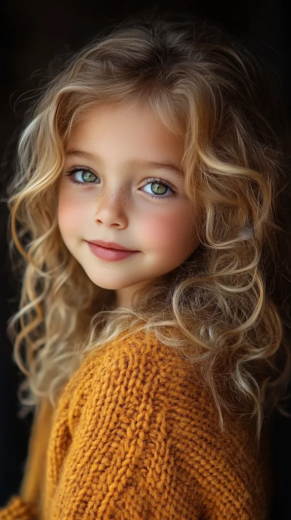 Here's a description of the image:

Close-up portrait of a young girl with long, wavy, light blonde hair.  She's wearing a mustard-yellow, chunky knit sweater.  Her eyes are a striking green, and she has fair skin with a few freckles visible on her nose.  She has a sweet, gentle expression, and her lips are slightly parted in a soft smile. The background is dark and out of focus, drawing attention to the girl's features and the texture of her sweater.  The overall mood is warm and tender.