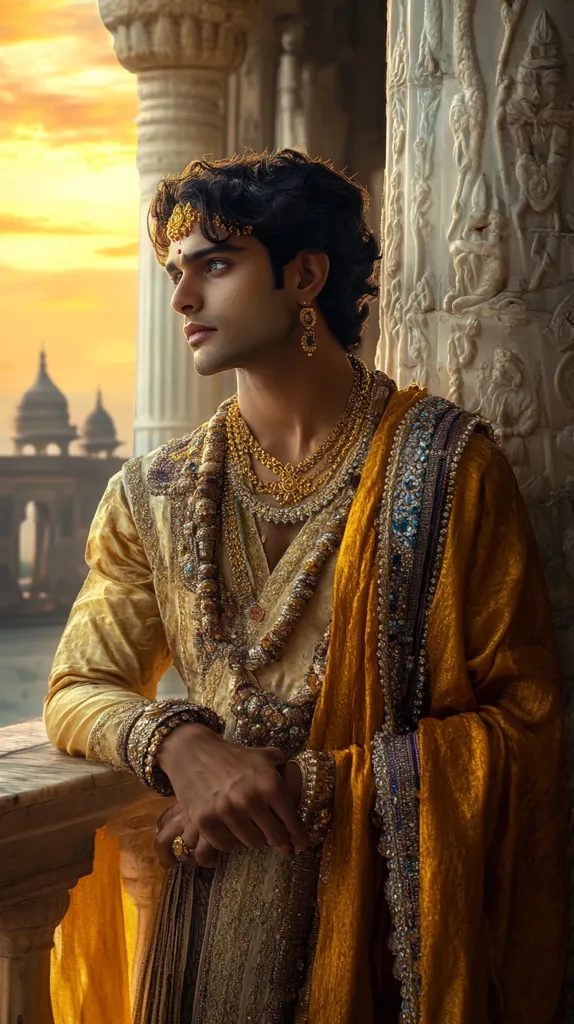 Here's a description of the image:

The image depicts a young man, possibly of South Asian descent, adorned in opulent traditional attire. He wears a gold kurta, intricately embroidered, layered with a mustard-yellow shawl.  Heavy gold necklaces, bracelets, rings, and earrings complete his regal look.  His dark, curly hair is styled neatly, and a jeweled headpiece adds to his princely appearance. He stands against a carved stone pillar, gazing towards a distant sunset over a temple-like structure. The overall mood is one of richness and contemplation, hinting at a narrative of royalty or historical significance.