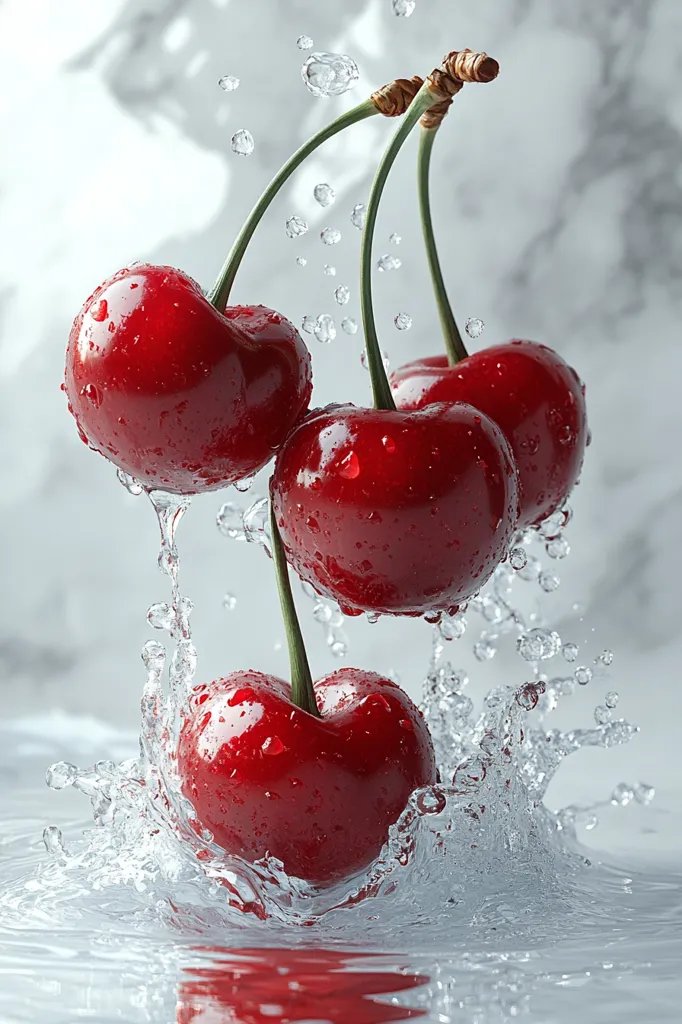 Four ripe, red cherries, glistening with water droplets, splash into a clear pool.  Their stems are intertwined, creating a dynamic composition.  The vibrant red of the cherries contrasts sharply with the cool gray background and the translucent water, which creates a spray of tiny droplets around them. The image is crisp and clean, highlighting the juicy texture and vibrant color of the fruit.
