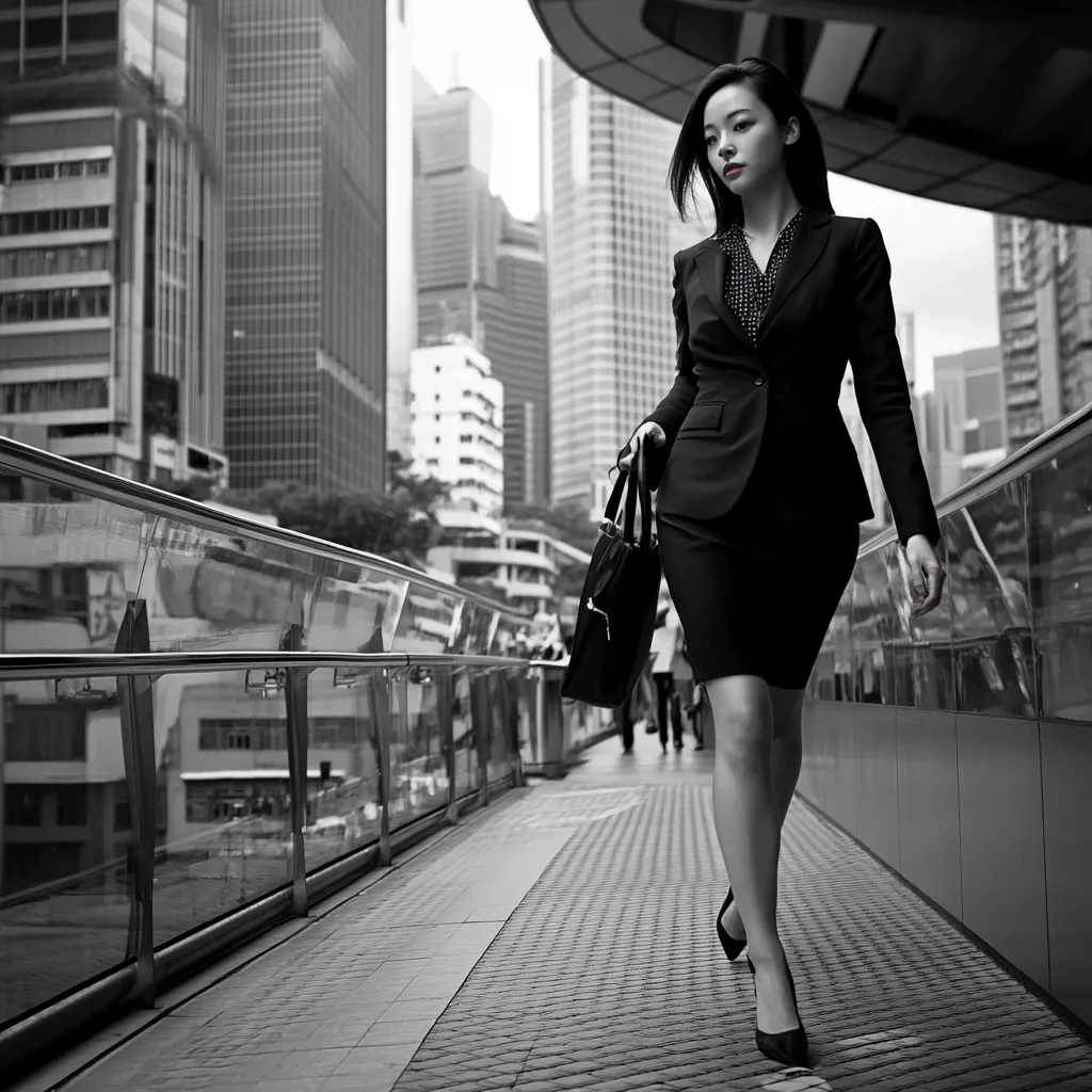 A stylish businesswoman in a black pantsuit strides confidently along a modern city walkway.  Her sleek handbag hangs from her arm as she walks purposefully amidst the backdrop of towering skyscrapers.  The monochromatic palette emphasizes the architectural lines and the woman's elegant silhouette, creating a strong and sophisticated image. The scene reflects ambition and urban professionalism.