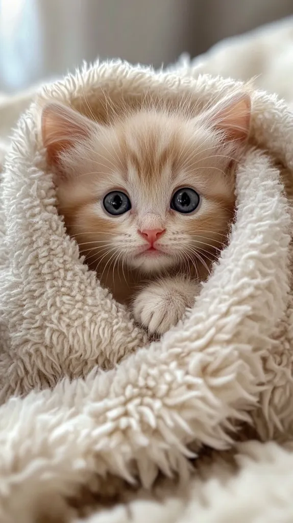 Here's a description of the image:

A fluffy, light orange kitten with striking blue eyes is nestled inside a creamy white, plush blanket. The kitten's paws are tucked in, and its expression is serene and calm.  Only its head and upper body are visible, peeking from the soft, textured fabric. The overall mood of the image is warm, cozy, and inviting, emphasizing the kitten's cuteness and the comforting texture of the blanket. The background is softly blurred, drawing attention to the adorable subject.