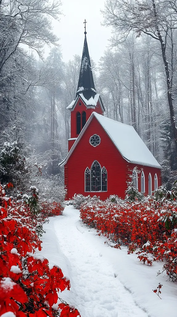 A vibrant red wooden church, capped with a dark steeple, stands amidst a snowy forest.  Snow blankets the church's roof and the ground, contrasting beautifully with the bright red of the building and the red-leaved bushes lining a snow-covered path leading to it.  The scene is peaceful and idyllic, evoking a sense of winter serenity and quiet beauty.  Bare, snow-laden trees form a backdrop, enhancing the fairytale-like atmosphere.