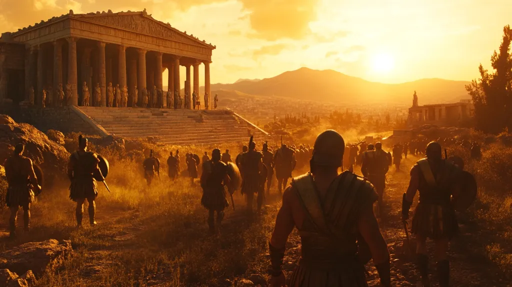 Here's a description of the image:

A large group of ancient Greek warriors, silhouetted against a vibrant sunset, march towards a grand temple. The temple, with its classic columns and steps, stands majestically atop a hill. Dust rises from the path as the soldiers proceed, their forms partially obscured by the golden light. In the background, a city and rolling hills stretch out to the horizon, completing the panoramic view. The overall scene evokes a powerful sense of ancient history and military might.