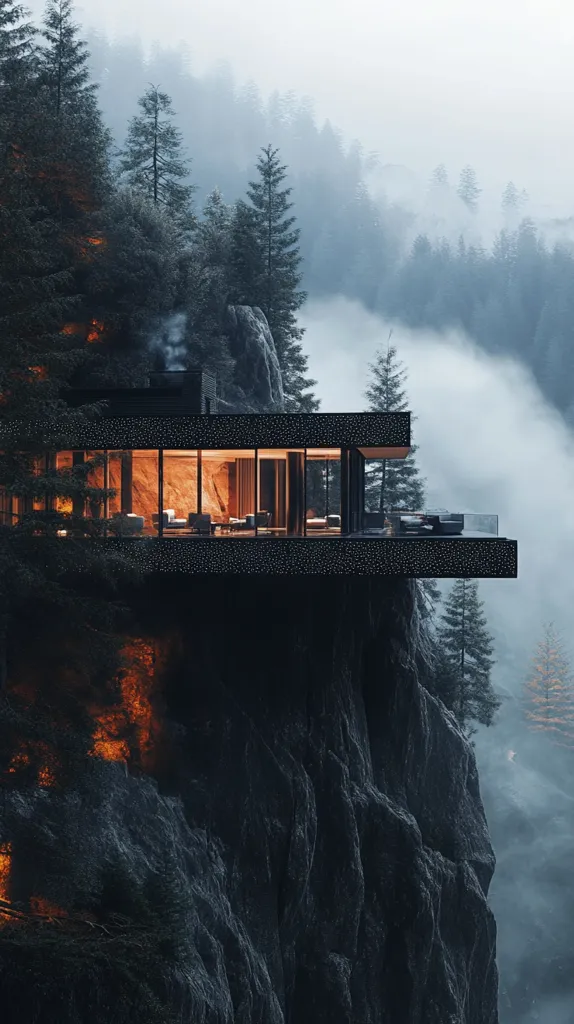 A modern, dark-colored house clings to a cliffside, dramatically overlooking a misty mountain valley.  Large windows offer stunning views of the dense evergreen forest below, while the interior glows warmly with ambient lighting.  The structure's sleek design contrasts sharply with the rugged, natural environment.  A sense of peaceful isolation and breathtaking scenery pervades the image.