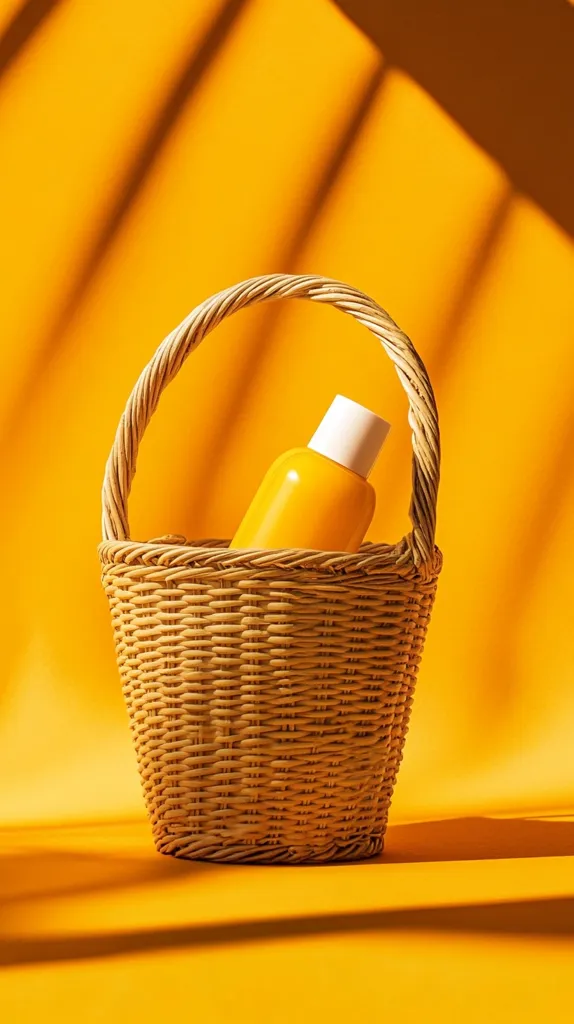 A light brown wicker basket sits on a vibrant yellow background.  Sunlight casts dramatic shadows across the surface. Inside the basket rests a bright yellow bottle, possibly sunscreen, suggesting a summer or beach theme. The overall aesthetic is minimalist and cheerful, with a strong contrast between the warm tones of the basket, bottle and background.
