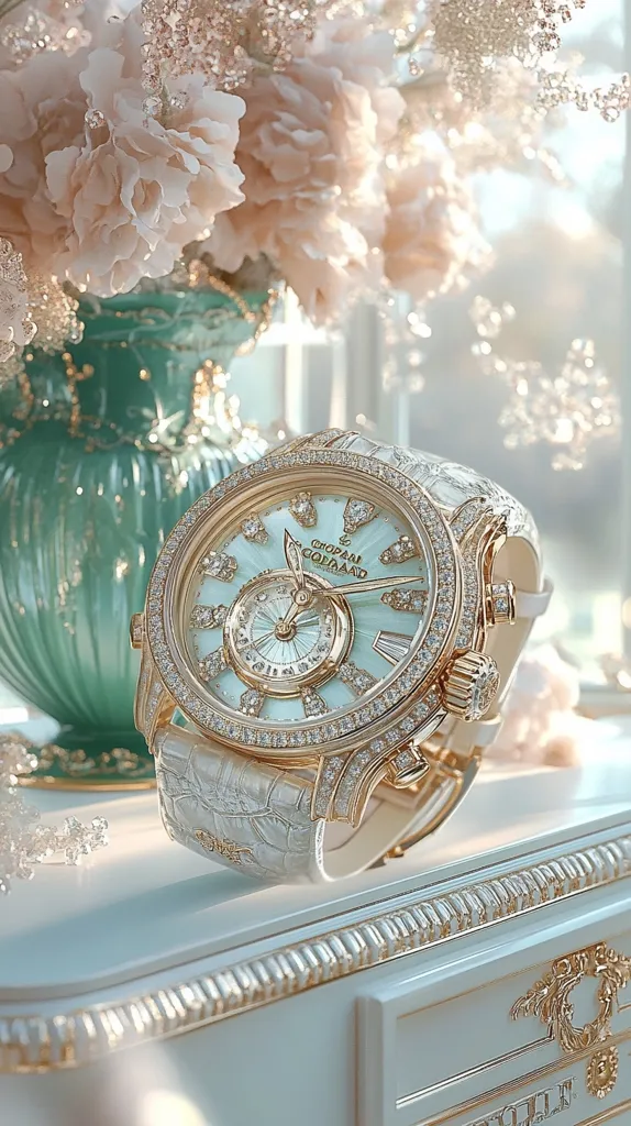 Here's a description of the image:

A luxurious Chopard Goldea watch, encrusted with diamonds and featuring a light-green dial, rests on an ornate white vanity.  The watch has a white alligator strap.  In the background, a soft-focus image depicts a light teal vase filled with a bouquet of delicate, light-pink peonies and crystal accents, bathed in soft, natural light. The overall aesthetic is one of refined elegance and opulent luxury.