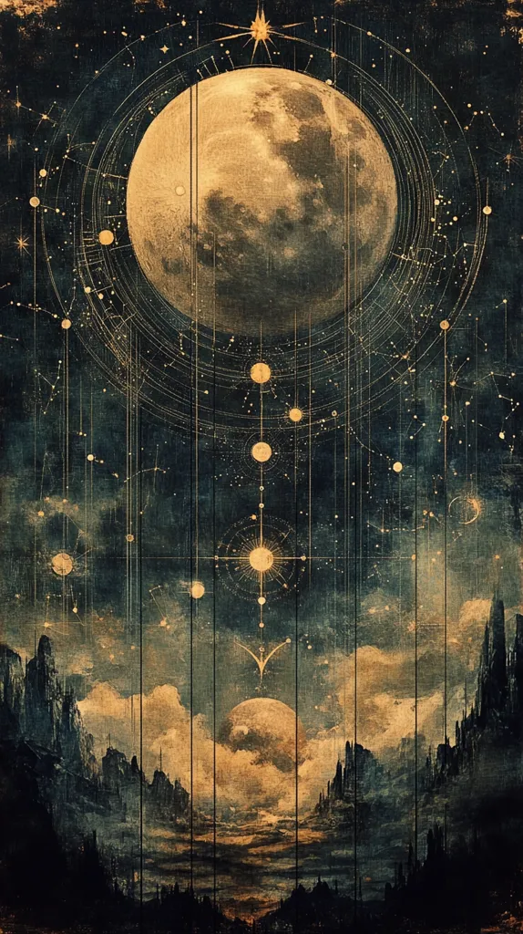 A celestial artwork depicts a large, golden moon dominating the upper half, surrounded by intricate, glowing constellations and geometric patterns.  Smaller celestial bodies are arranged in a vertical line below, connecting to a landscape of dark, silhouetted mountains at the bottom.  The overall style is reminiscent of antique maps or astrological charts, with a textured, vintage aesthetic in muted golds, dark blues, and blacks.  The image evokes a sense of mystery and cosmic grandeur.