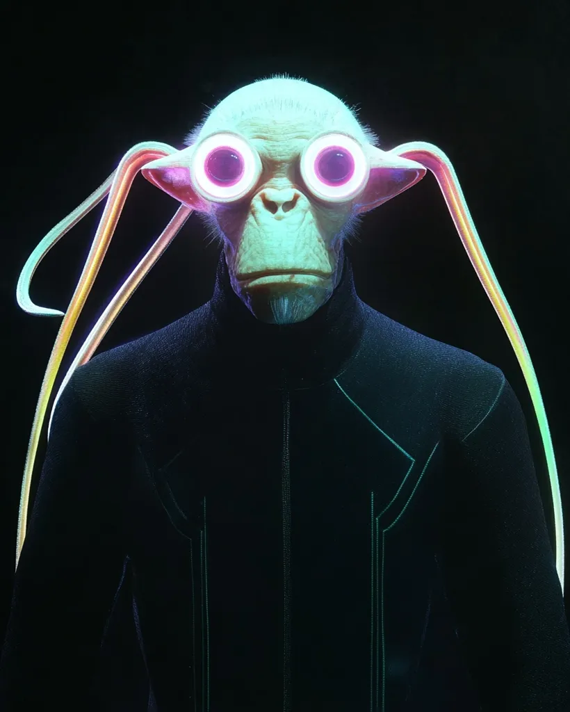 Here's a description of the image:

The image shows a stylized humanoid figure, resembling a monkey or ape, with a pale, almost greenish complexion. It wears large, round, glowing spectacles with pink and purple highlights.  These glasses are connected to long, thin, iridescent extensions that curve behind the head. The figure is dressed in a dark, possibly velvet, jacket with subtle, light green stitching details. The background is completely black, making the figure and its luminescent features pop. The overall aesthetic is futuristic and slightly surreal.