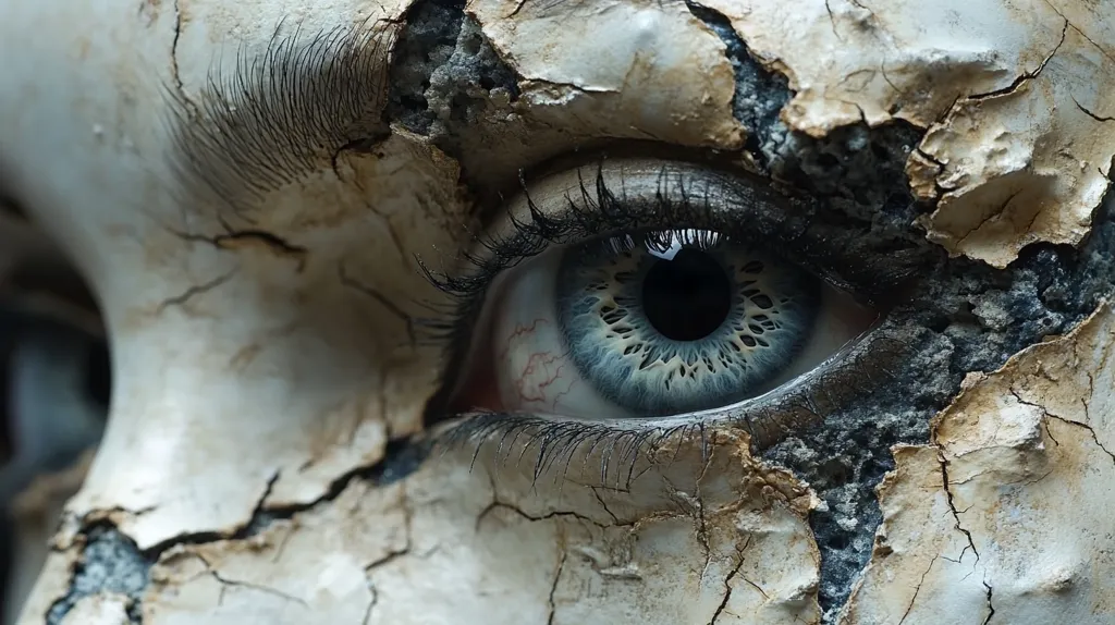 Close-up view of a striking eye, seemingly embedded within a cracked, aged surface resembling weathered stone or decaying plaster. The eye, with its blue iris and dark pupil, contrasts sharply with the surrounding texture, creating a dramatic and somewhat unsettling image.  The cracks spread across the skin-like surface, suggesting fragility, decay, or the passage of significant time. The overall effect is one of haunting beauty and visual intrigue.