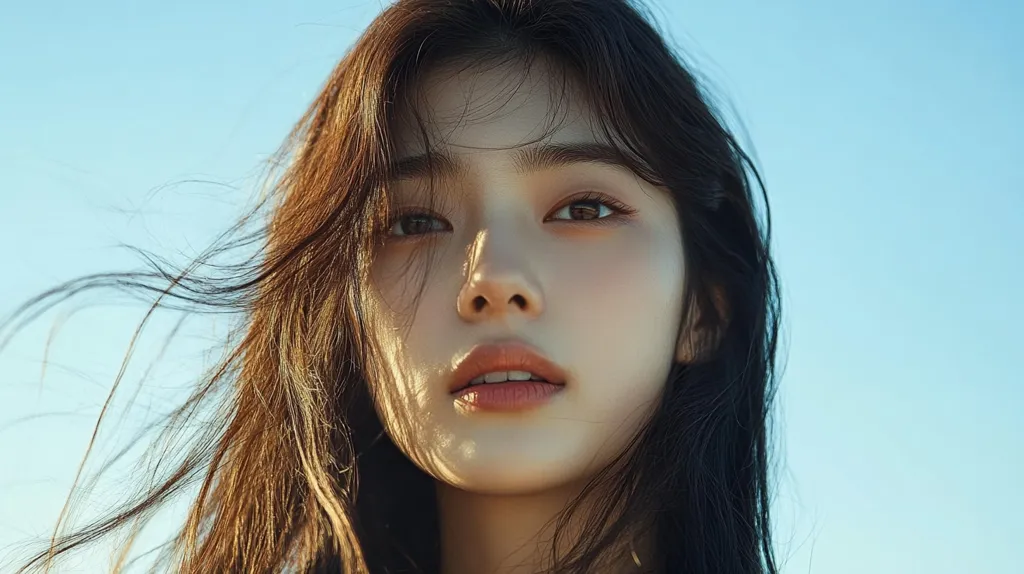 Close-up portrait of a young woman with long, dark brown hair that is slightly windblown.  Her skin is fair and her features are delicate, with expressive brown eyes and full lips.  The background is a clear, light blue sky, suggesting an outdoor setting. The overall mood is serene and natural. The image emphasizes her beauty and soft, natural makeup.
