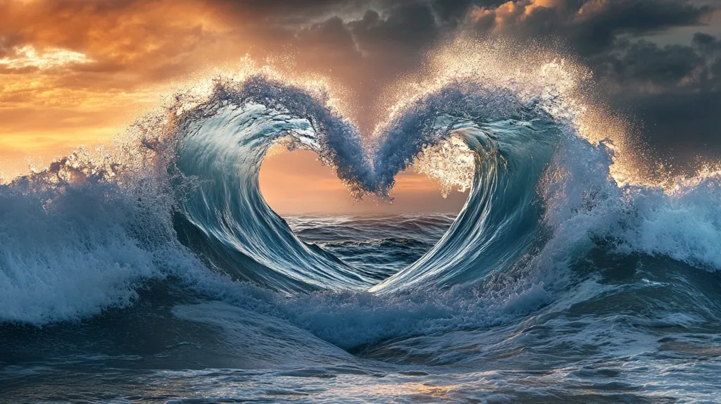 Here's a description of the image:

The photograph captures a breathtaking spectacle of nature: two powerful ocean waves forming a perfect heart shape against a dramatic sunset.  The waves are teal and white, frothy with spray, creating a striking contrast to the warm, orange and gold hues of the sky.  Dark, brooding clouds add depth to the background, enhancing the emotional impact of the heart-shaped waves. The scene is both serene and powerful, a stunning example of the beauty and raw force of the ocean.