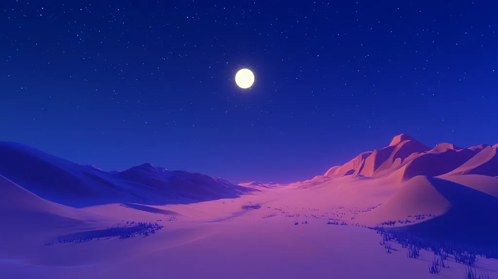 A stylized digital landscape depicts a serene desert night scene.  A large, bright moon hangs in a deep blue, star-studded sky.  Low, rounded sand dunes stretch across the foreground and middle ground, bathed in a purplish-pink light emanating from the moon.  Sparse, low-lying vegetation punctuates the sandy expanse. The overall mood is peaceful and otherworldly.