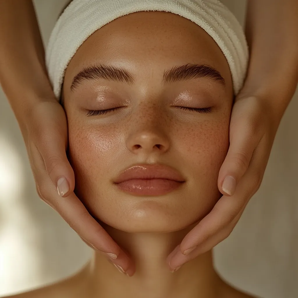 Here's a description of the image:

Close-up view of a woman receiving a facial massage.  She has a white headband on and her eyes are closed, her expression serene.  The masseuse's hands gently cradle her face, their fingers lightly touching her skin. The woman's skin appears healthy, with a warm, natural glow and subtle freckles. The overall tone of the image is warm and calming, emphasizing relaxation and skincare.  The background is softly blurred, drawing focus to the woman's face and the massage.