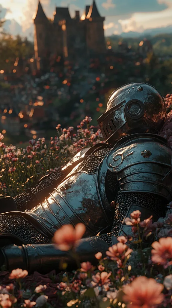 A weathered, metallic knight in full armor rests amidst a field of soft pink flowers. The knight's helmet is slightly askew, suggesting peaceful repose. In the background, a medieval castle sits atop a hill, bathed in the warm glow of a setting sun. The scene contrasts the harshness of the armor with the delicate beauty of nature, creating a serene yet melancholic atmosphere.  The overall style is reminiscent of fantasy art or a video game still.