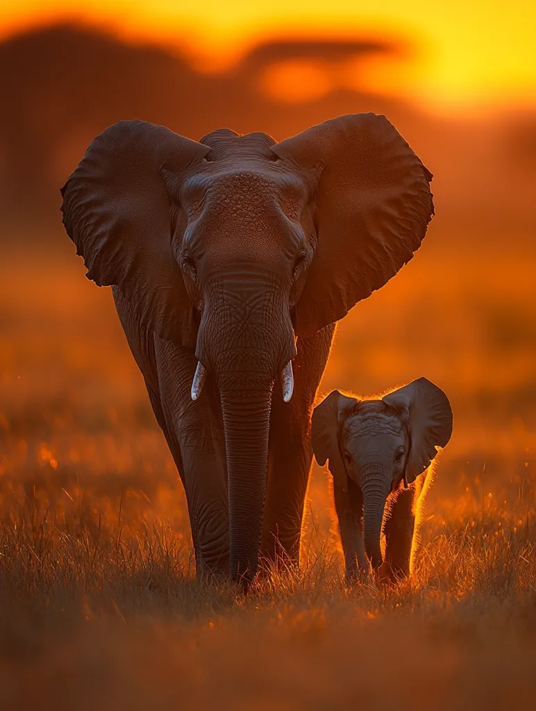 Here is a description of the image in around 100 words:

A breathtaking silhouette of an African elephant and its calf dominates the foreground, set against a vibrant, fiery sunset.  The adult elephant, large and imposing, leads the way, its massive ears and trunk clearly visible. The smaller calf trails closely behind, its own smaller form a mirror image of its mother's.  The warm, golden light of the setting sun bathes the scene, illuminating the tall grass and casting long shadows. The overall mood is one of serenity and wild beauty, capturing a poignant moment in the elephants' journey. The image evokes feelings of warmth, protection, and the grandeur of the African savanna.