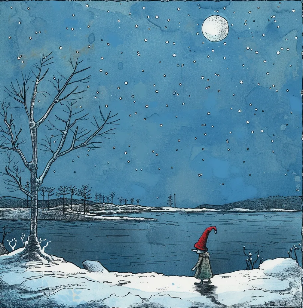 A whimsical illustration depicts a solitary gnome-like figure in a red hat, standing by a snow-covered shoreline under a night sky.  The sky is a deep blue, speckled with white stars and a large, bright moon.  A bare, wintry tree stands prominently to the left, while a calm, dark body of water stretches across the scene. The overall style is reminiscent of children's book illustration, with a slightly melancholic, yet peaceful mood.  Light snow dusts the ground, adding to the quiet winter atmosphere.