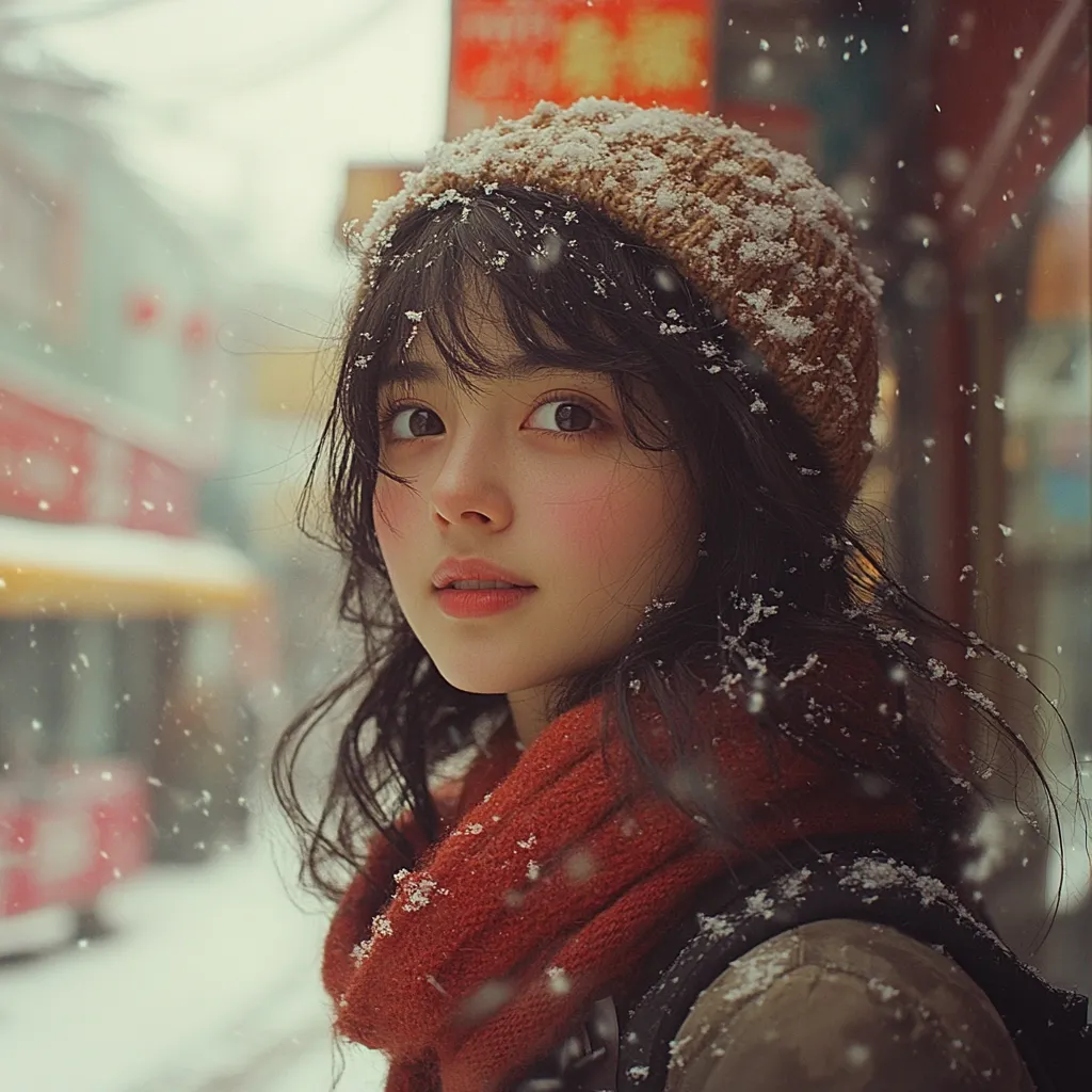 A young woman with dark hair and rosy cheeks stands in a snowy street.  She wears a brown knit beanie dusted with snow and a warm, rust-colored scarf.  Snowflakes fall around her, creating a soft, romantic atmosphere.  The background is blurred, showing a snowy street scene with indistinct buildings. Her expression is serene and captivating. The overall image evokes a feeling of cozy winter charm.