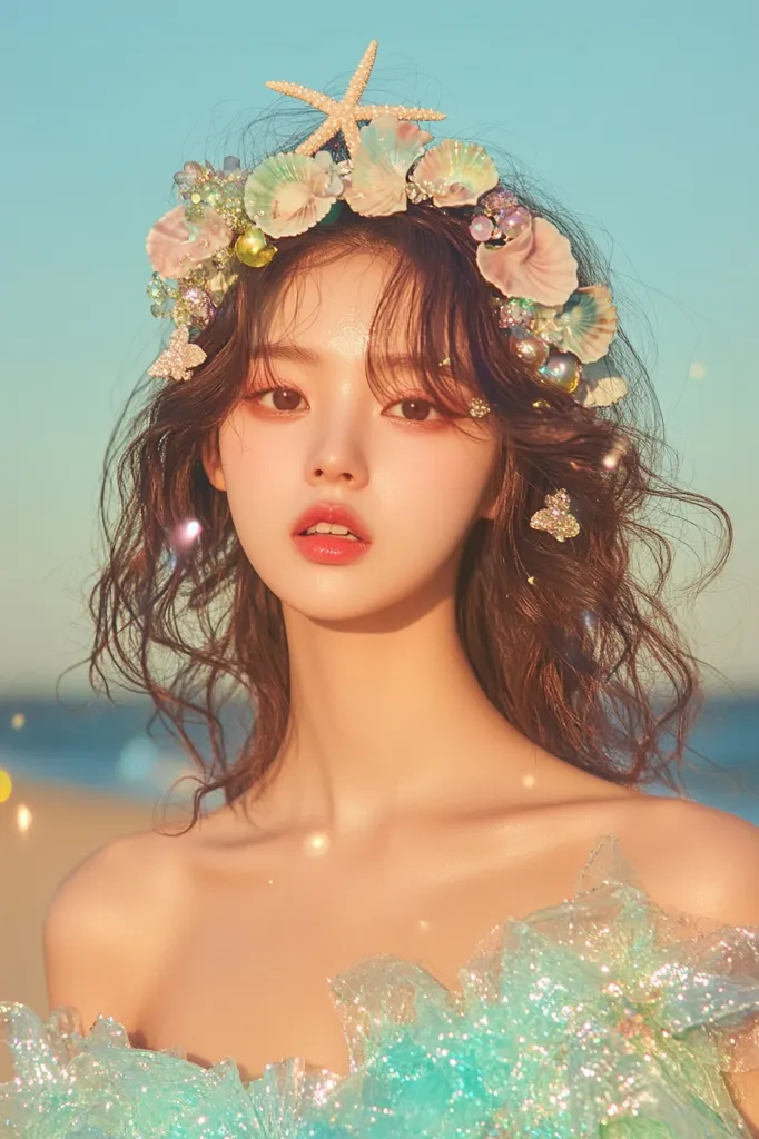 A young woman with flowing brown hair adorned with a seashell and starfish crown gazes serenely towards the viewer.  She wears a shimmering, sea-foam green off-the-shoulder dress, evoking a whimsical, ethereal mermaid aesthetic. The sunlit backdrop suggests a beach setting, enhancing the overall dreamy atmosphere of the portrait.  Her makeup is delicate and enhances her natural beauty.